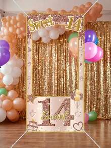 1个巨型甜美16岁生日派对相框 - 玫瑰金闪光装饰16岁生日派对背景，适用于自拍区、甜品桌装饰和生日相册 - 彩色 - 查看 16