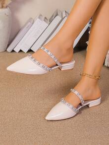 Women's Mule Slippers, Pointed Toe, Low Heel, Rhinestone Decor, Suitable For Dresses And Skirts, Summer - Apricot - View 6