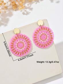 1 Pair Handmade Woven Disc Retro Earrings, Colorful Beaded Bohemian Style Earrings Suitable For Women's Daily Wear (Bead Colors And Positions Are Random Due To Handmade) - Pink - View 4