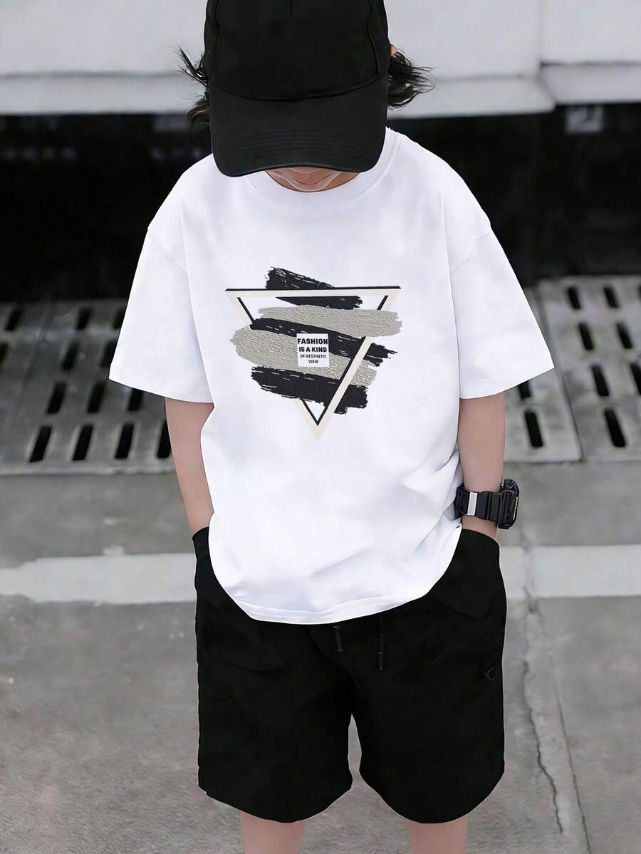 Tween Boy Inverted Triangle Camouflage Letter Graphic Crew Neck Short Sleeve T-Shirt, 1pc Summer Casual Top - White - View 1