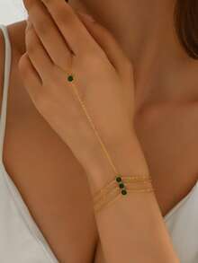 1 chiếc vòng tay nữ bằng thép không gỉ mạ vàng 18K, 3 lớp đính đá Cubic Zirconia màu xanh lá cây, trang sức thời trang. - Vàng - Xem 3