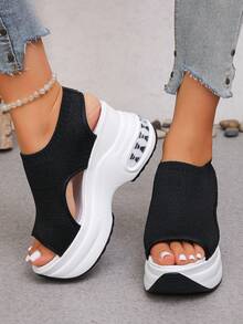 Women's Solid Color Open Toe Open Back Round Toe High Heel Thick Sole Fabric Wedge Sandals Casual Sports Summer - Black - View 5