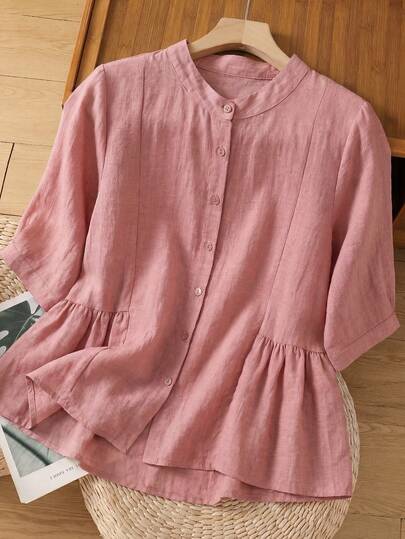 BaoLianDuo Blusa de lino para mujer - Corte holgado, cuello alto, manga corta, bajo con volantes, elegante para el verano, perfecta para el Día de la Madre y las vacaciones