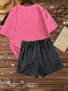 Soft & Comfy Casual Fashion Ensemble For Women Featuring A  'Leopard Print Heart' Design On A T-Shirt And Shorts, Perfect For Street Wear, Weekend Outings, And Those Who Appreciate A Stylish Vintage Appearance With Distressed Materials Free People Inspired Clothes Summer Tops - 多色 6 - 查看 3