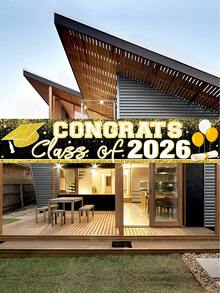 1件2026毕业季装饰横幅，涤纶材质，可悬挂，可用作2026毕业季背景横幅、毕业帽横幅、黑金毕业祝贺标语横幅、“我们为你骄傲”悬挂旗帜、毕业庆祝背景横幅、毕业派对用品、毕业家居装饰、毕业庆祝装饰、室内外庭院悬挂横幅、毕业礼物、派对礼品 - 黑白金 - 查看 3