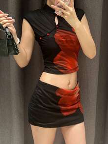 Minifalda de verano elegante de Kliou para mujer, con estampado floral, sexy y elegante, de poliéster con alto estiramiento, ajustada y elástica, para vacaciones y playa, color negro - Negro - Ver 7