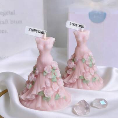 1pc 3D Wedding Dress Shaped Scented Candle, Handpainted Green Leaves & Floral Bridal Gown Fragrance Candle, Romantic Wedding Favor, Valentine's Day Gift, Home Decor, Soy Wax Smokeless Scented Candle
