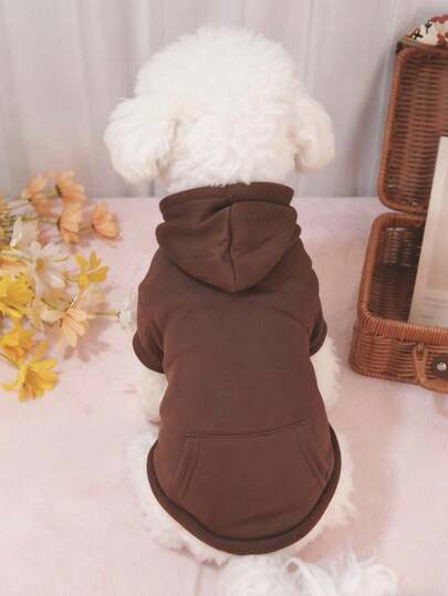 1pc Warm Brown Solid Color Pet Hoodie, Thick Warm Pet Clothing, Popular Dopamine Color Series Basic Hoodie, Suitable For Cats & Dogs