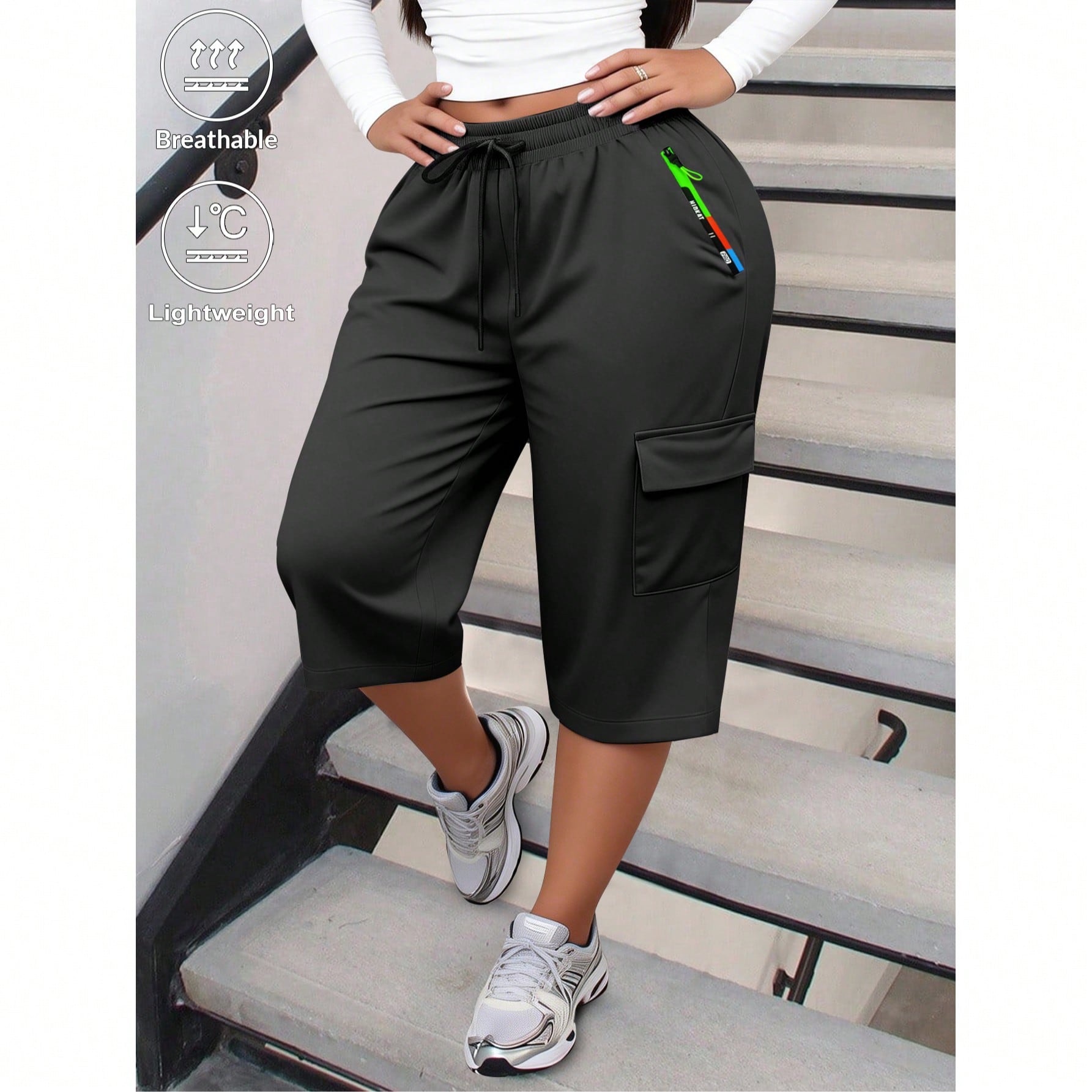 Pantalones 3/4 de verano para mujer, pantalones cargo con estampado de letras, bolsillos con cremallera verde, diseño de bolsillos grandes de moda co