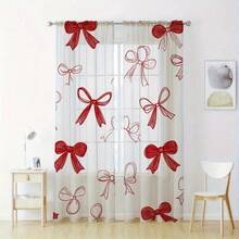 2pcs Hand-Painted Red Bow Tulle Curtains, Sweet And Romantic Style, 2D Flat Print, Suitable For Bedrooms, Living Rooms And Dining Rooms. - Multicolor - View 6