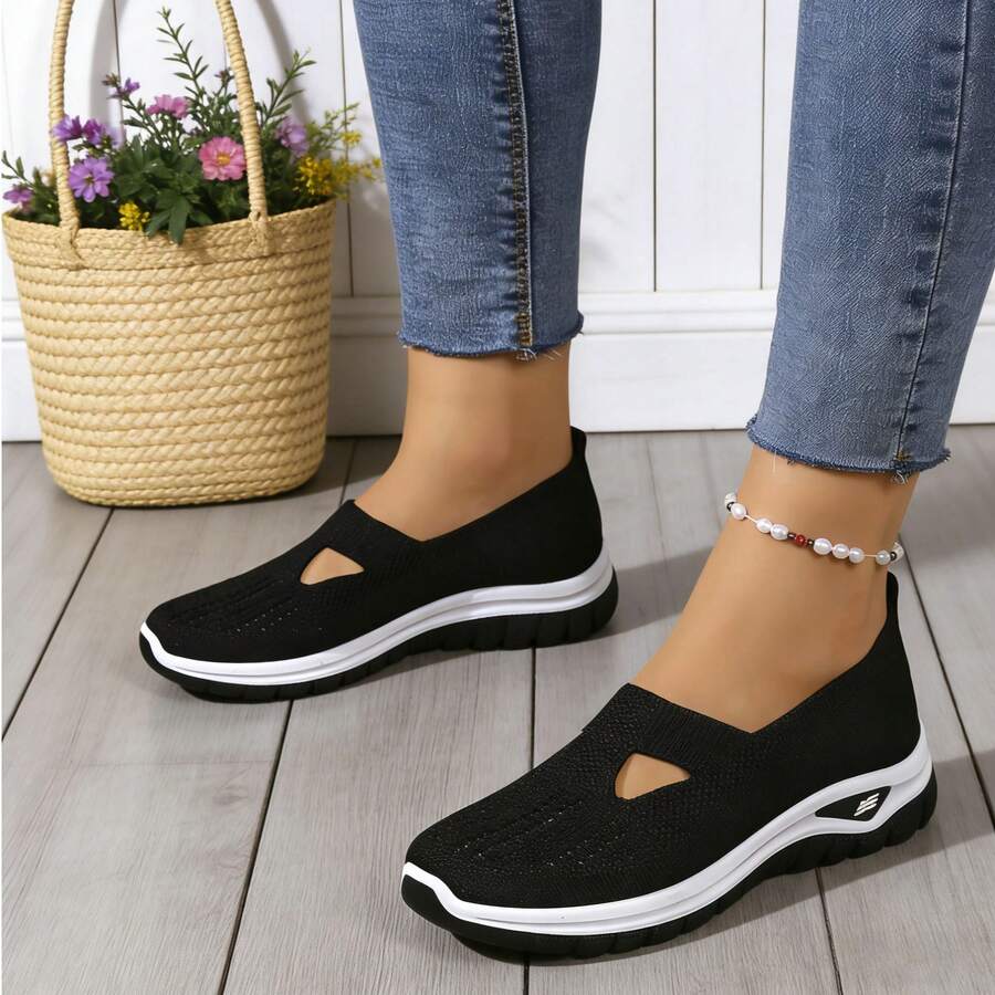 Women's Wedge & Platform Shoes, Spring/Summer 2026 New Arrival. Breathable Knit Flat Walking Shoes, Lightweight, Casual, With A Non-Slip Soft Sole, Comfortable Everyday Athletic Shoes, Suitable For Outdoor Wear And All Seasons. Stylish Women's Shoes, Perfect For Commuting, Walking, Shopping, And Everyday Wear. A Must-Have Item For Summer Outfits - Tennis Shoes,Black Casual Shoes - 黑色 - 查看 1