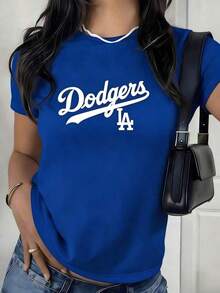 Dodgers LA Baseball Team Off - The - Shoulder Long - Sleeve Sweatshirt, Stylized 'Dodgers' Cursive Text & 'LA' Logo, Wrist - Gathered Loose Casual Top With Right Strap Detail, Gray Background Plain Style2026100% Cotton - 藍色 - 查看 5