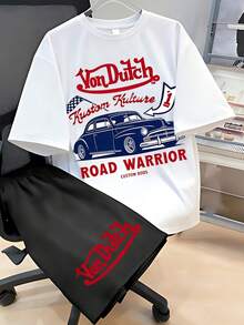 Graphic Tees,Boys V-On Dutch Kustom Kulture Graphic Tee & Shorts Set, Retro Car Print 2-Piece Outfit, Casual Streetwear For Kids,Mother's Day,4th Of July - trắng - Xem 1