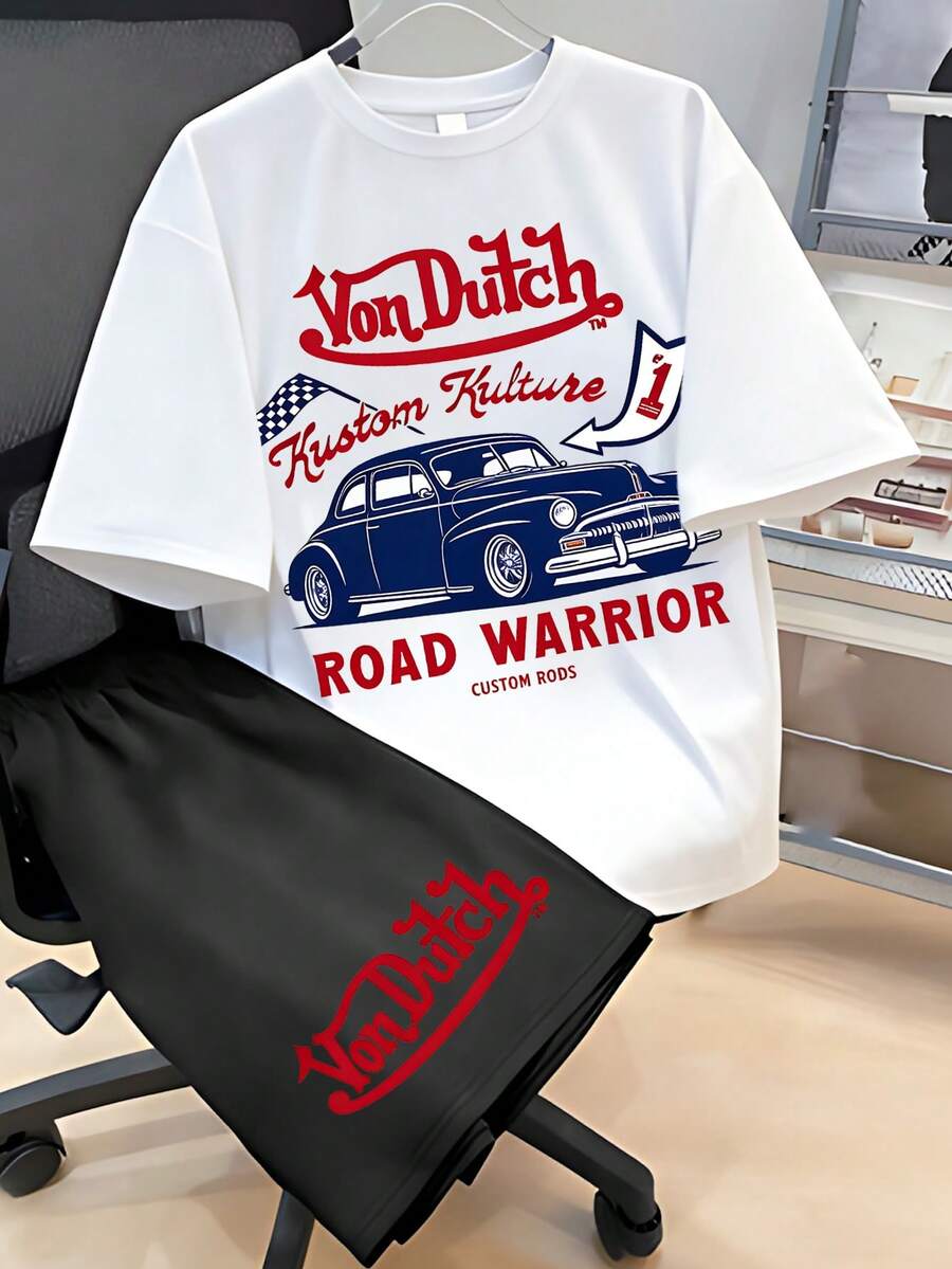 Graphic Tees,Boys V-On Dutch Kustom Kulture Graphic Tee & Shorts Set, Retro Car Print 2-Piece Outfit, Casual Streetwear For Kids,Mother's Day,4th Of July - trắng - Xem 1