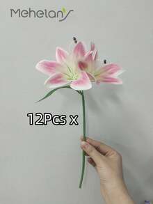 MEHELANY 12/1pc 34cm Artificial Pink Lily Flower, Silk Fake Flower For Home Decor, Wedding Bouquet, Birthday Party, Dining Table, Garden, Wedding Decoration, Bridal Bouquet, Silk Lily Flower - Pink - View 10