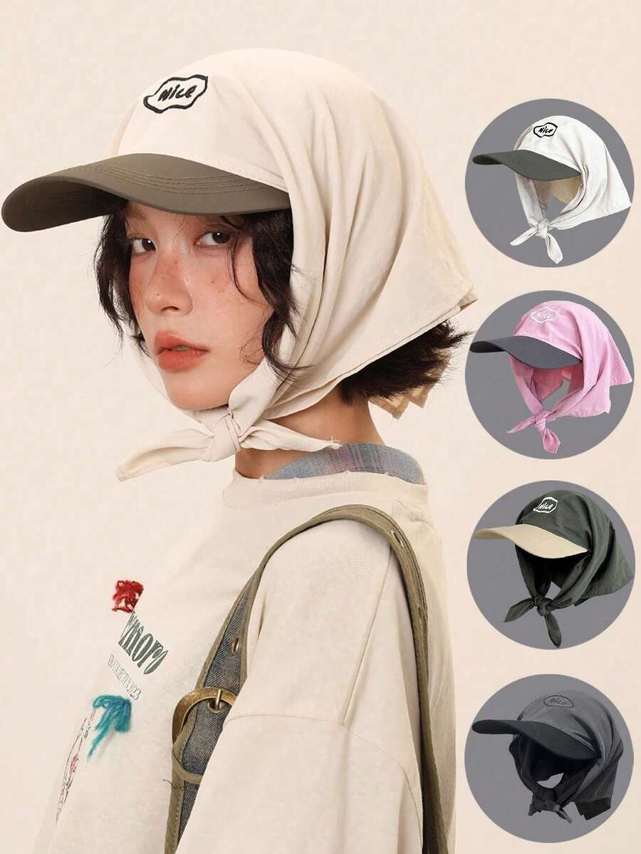 1pc Women's Outdoor Summer UV Protection Embroidered Letter Sun Hat Headscarf,Beach,Vacation