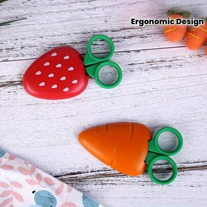 Tijeras de con mango en forma de fresa y zanahoria - Hojas afiladas de acero inoxidable, diseño ergonómico para manualidades, costura, aprendizaje divertido y uso diario, con agarre antideslizante y redondeado