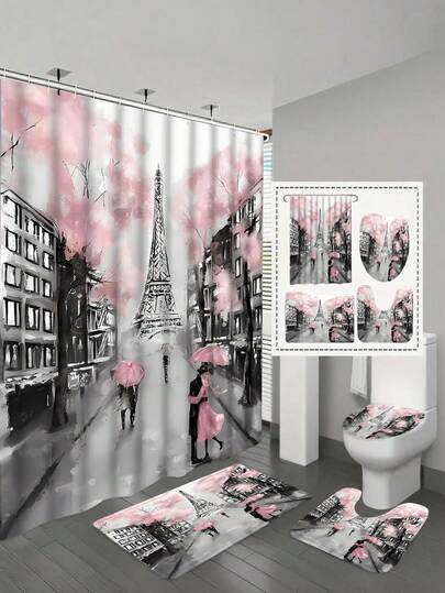 1/4pcs Set Paris Eiffel Tower Pink Bathroom Curtain Set, Suitable For Bathroom Decor, Includes Anti-Slip Mat, U-Shaped Bathtub Mat, Toilet Seat Cover, Waterproof Valentine's Day Bathroom Window Curtain Set, Comes With 12 Hooks