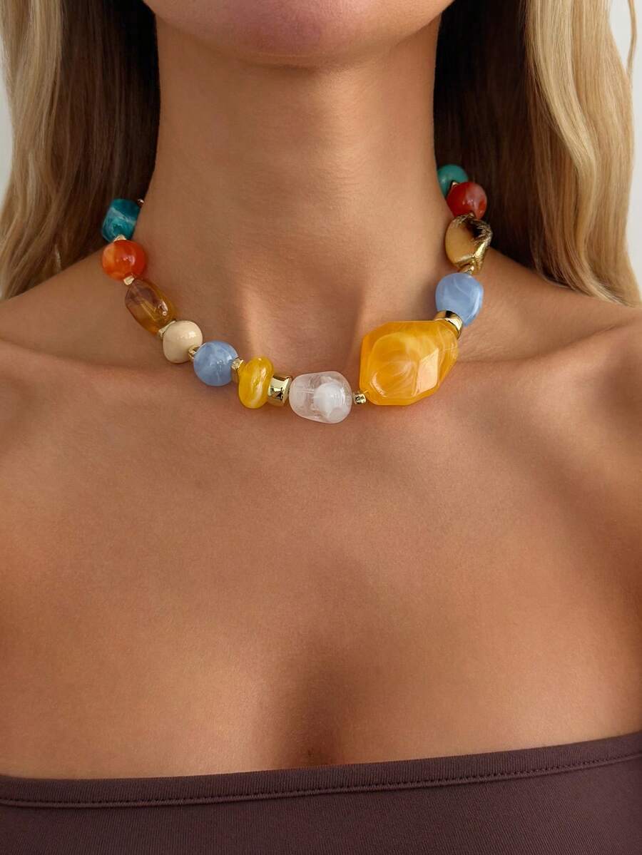 1pc Retro Bohemian Exaggerated Resin Beaded Necklace, Vintage Necklace Suitable For Women - Gold - View 1