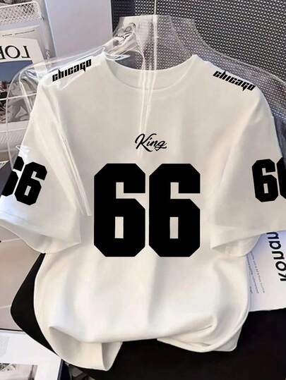 Áo thun nam dáng rộng in số 66, kiểu dáng thể thao, cổ tròn, tay ngắn, phong cách Mỹ, in số, áo thun đồ họa, áo sơ mi nam, áo trắng, áo thun trắng, trang phục nam, thoải mái và đa năng, mặc hàng ngày.