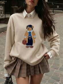 Stylish Women's Casual Crew Neck Sweatshirt With Bear Print, Suitable For Autumn/Winter, Outings, Back To School, Preppy Style - 米色 - 查看 2
