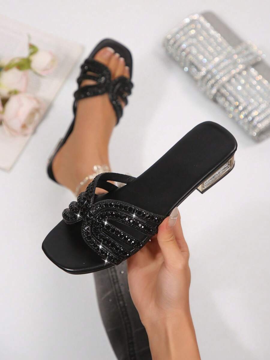 Mẫu mới mùa hè, kiểu dáng đơn giản, nhẹ nhàng, mũi vuông, đính đá pha lê, dép xỏ ngón, hở mũi, thích hợp cho tiệc tùng, đi biển, nghỉ lễ, gót chunky, thoải mái cho nữ. - màu đen - Xem 1