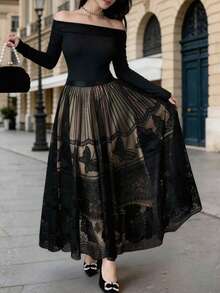 Chân váy chữ A ren jacquard mới dành cho nữ, chân váy dài lưới bất đối xứng tôn dáng, màu đen mùa xuân. - màu đen - Xem 3