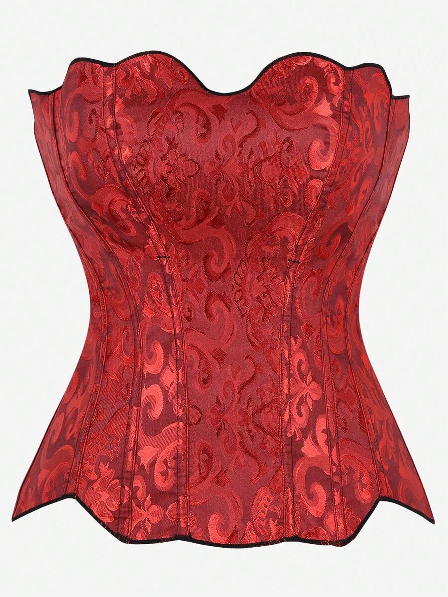 Overbust Corset Bustier, Jacquard Bust-Enhancing Top, Strapless Uplifting Design, Vintage Shapewear, Waist Cincher, Underbust Corset, Lace-Up Closure For Adjustability - Red - View 1