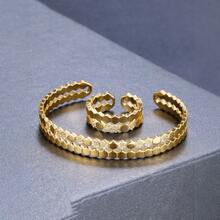 1 Set de Brazalete Abierto Bañado en Oro con Diseño de Panal y Juego de Anillos, Accesorios de Joyería con Hexágonos Incrustados de Circonita para Mujeres - Dorado - Ver 3