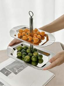 1 pièce Plateau à fruits en acier inoxydable de luxe, présentoir à desserts créatif de style nordique, support à fruits asymétrique haut de gamme pour la maison, plateau à fruits en acier inoxydable de style nordique, présentoir à desserts et gâteaux haut de gamme, plateau à collation de thé de l'après-midi raffiné, plateau de rangement multi-couches de fruits de luxe, décoration de table basse de salon, convient pour le café, le restaurant, le salon, la boutique de desserts, le mariage, la fête - Multicolore - Voir 1
