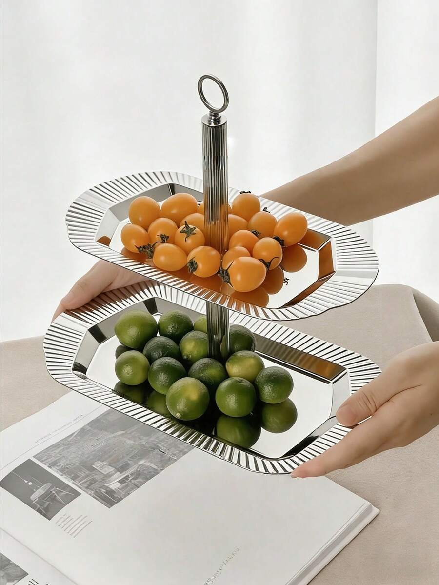 1 pièce Plateau à fruits en acier inoxydable de luxe, présentoir à desserts créatif de style nordique, support à fruits asymétrique haut de gamme pour la maison, plateau à fruits en acier inoxydable de style nordique, présentoir à desserts et gâteaux haut de gamme, plateau à collation de thé de l'après-midi raffiné, plateau de rangement multi-couches de fruits de luxe, décoration de table basse de salon, convient pour le café, le restaurant, le salon, la boutique de desserts, le mariage, la fête - Multicolore - Voir 1