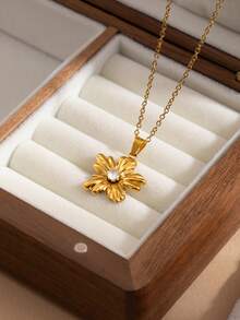 1 pieza Elegante collar con colgante de flor chapado en oro de acero inoxidable, adecuado para uso casual, personalizado, moda, fiesta, vacaciones, San Valentín, Navidad, Año Nuevo, regalo de cumpleaños para mujer - Dorado - Ver 5
