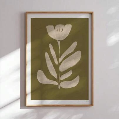 Pintura decorativa con estilo bohemio de flores en verde oliva, arte abstracto minimalista en lienzo, adecuado para sala de estar, dormitorio, decoración del hogar, póster vintage