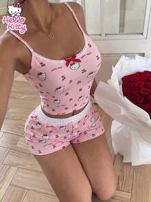 SANRIO 两件套联名爱心印花可爱吊带背心和短裤睡衣套装 - 粉色 - 查看 2