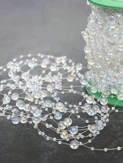 1 Roll/197 Inches/500cm Starry Sky 8+3 Fishing Line Beaded Chain, Faux Pearl Beaded Chain, Wedding Bouquet Decor, DIY Jewelry Accessories, Bridal Hair Accessories, Necklace & Bracelet Supplies