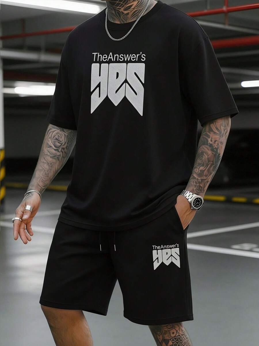 Men's Summer Thin T-Shirt Set, Casual Fashion T-Shirt And Shorts Set - Black - View 1