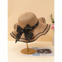 1 Piece Women's White Wavy Edge Bowknot Beach Sun Hat, Elegant Sunscreen Hat For Vacation & Travel, Summer Breathable Large Brim Sun Hat For Seaside Outings, Fashionable All-Match Holiday Casual Hat - 卡其色 - 查看 6