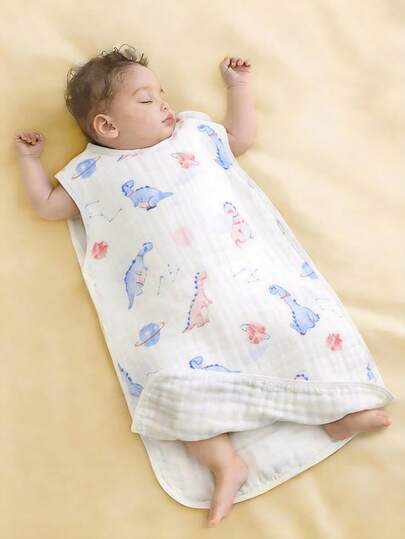 1pc Baby Muslin Sleeveless Sleeping Bag, Breathable Anti-Kick Blanket, Super Soft & Skin-Friendly, Cute Printed Design, Side Snap Closure, Washable, Suitable For Newborns In Spring/Summer, Air-Conditioned Room