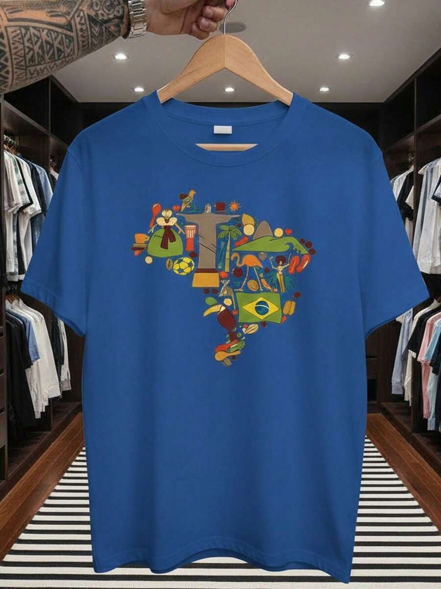 Stylish Sporty T-Shirt, Stylish Fan T-Shirt, World Cup, National Football Team, Brazil, Culture, Short Sleeve, Men's/Women's, 100% Cotton, Casual, Crew Neck - 寶藍色 - 查看 1