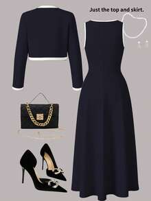 Plus Size Women Elegant 2-Piece Set, Colorblock Trim Button Cardigan Paired With Solid Color Maxi Dress, Suitable From Spring To Summer - Royal Blue - View 4