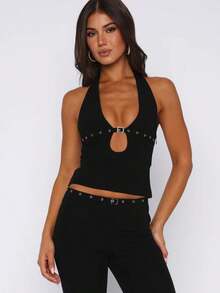 White/Black/Grey/Dark Brown Halter Cutout Top, Gold Buckle Rivet Sleeveless Crop Top, Y2K Sexy Summer Party Clubwear For Women - 黑色 - 查看 2