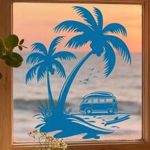 在绿色的椰子树下，停着一辆小汽车。窗贴和墙贴，自粘式，适用于客厅、卧室、学校、办公室和浴室。 - A - 查看 3