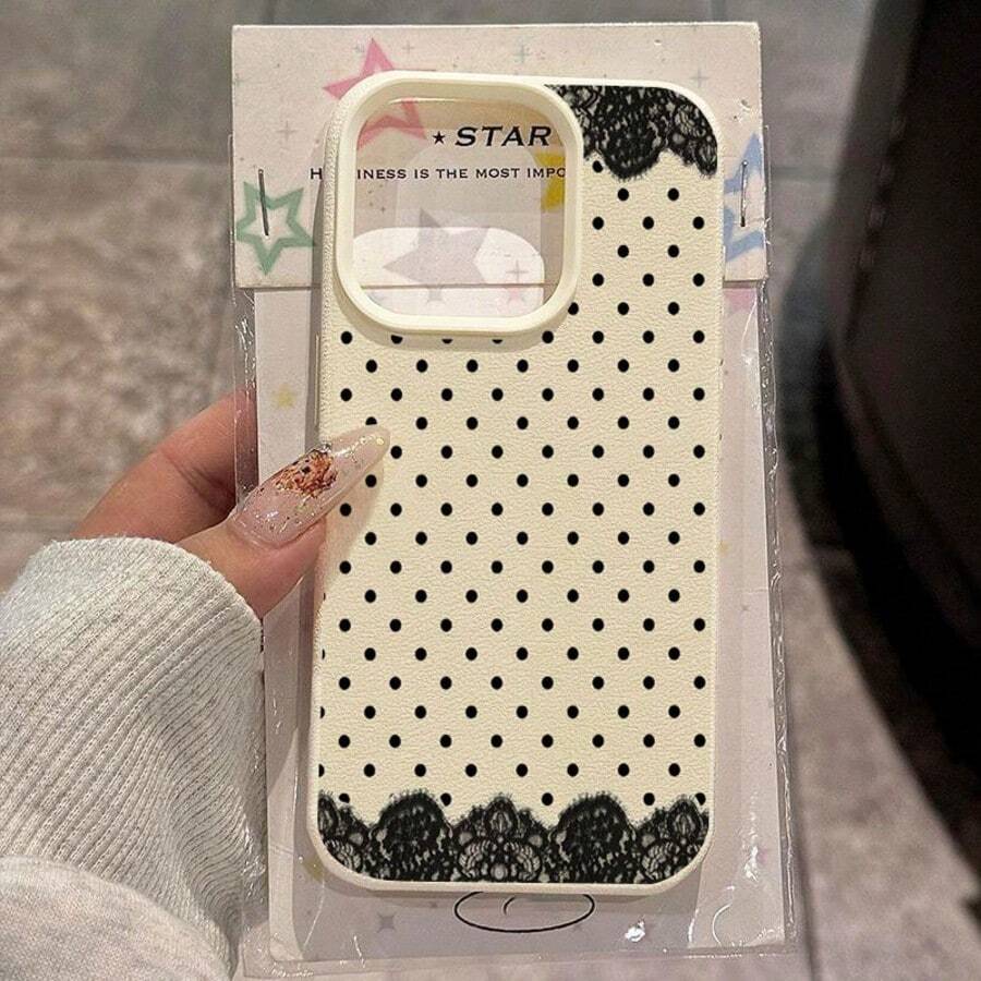 1pc Black Lace & White Polka Dot Pattern Full Coverage TPU Shockproof Phone Case, Compatible With Apple 16, 15, 14, 13, 12, 11 Pro Max, Series - Multicolor - View 1