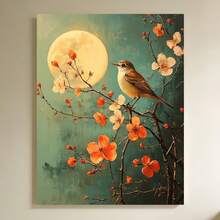 Framed 1 pieza, con marco, , cuadro de pintura al óleo inspirado en la noche de la cigüeña sobre una rama iluminada por la luna, arte botánico floral de la luna y la cigüeña - 3G5232G1837 - Enmarcado - Ver 6