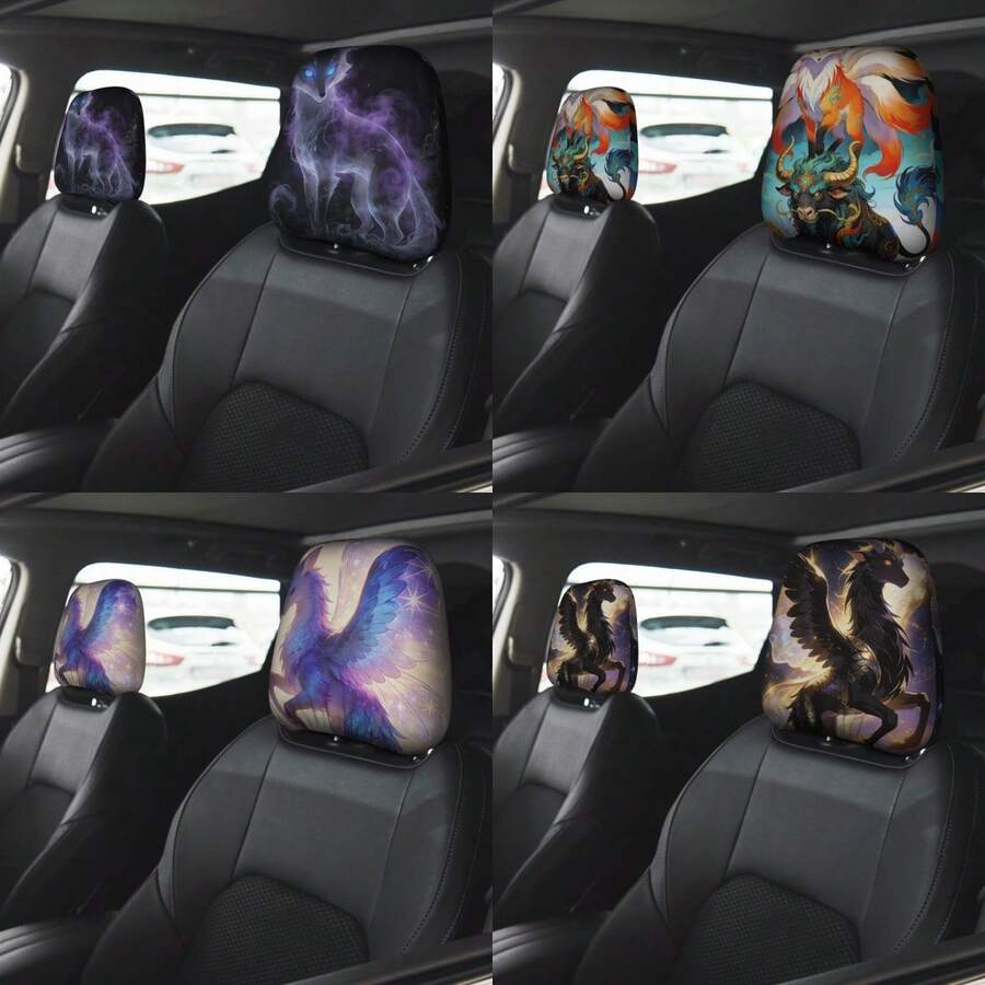 2个动物纹汽车头枕套，双面印花，汽车座椅头枕保护套 - 彩色 - 查看 1