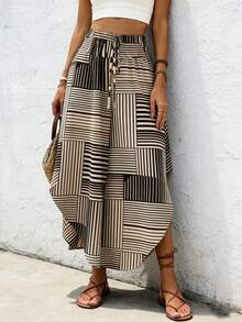 Striped Contrast Color Waist Band Women's Skirt - Multicolor - View 2