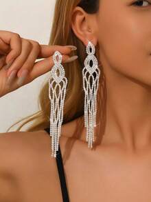 2件套长款镶满水钻流苏耳环，优雅显瘦设计 - 适合婚礼、晚宴、红毯活动等场合 - 銀色 - 查看 7