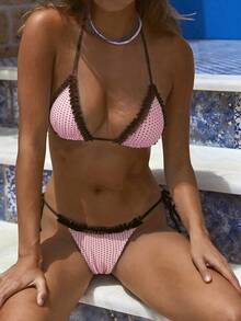 Women's Bikini Swimsuit, Cute Bohemian Style Plaid Print With Built-In Bra, Suitable For Vacation, Beach, Pool And Casual Wear, Ideal For Autumn/Winter Holidays, Valentine's Day, Christmas, New Year Parties, And 2026 Spring/Summer Beach Attire - màu nâu hồng - Xem 8