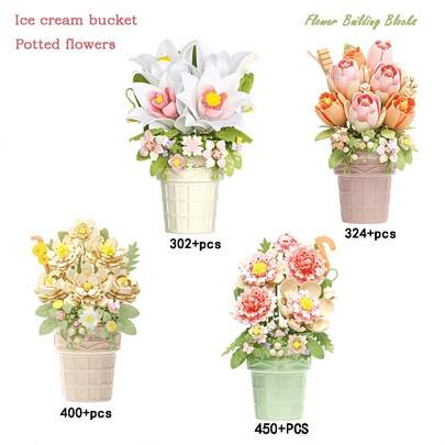 450/400/324/302+ Pieces Micro Particle Building Blocks Flower Decor. 4 Elegant Viral Building Block Flower Bouquets. DIY Assemble Ice Cream Bucket Potted Flowers. Jasmine Flower Blocks/Tulip Flower Blocks/Lily Flower Blocks/Carnation Blocks/Ice Cream Flower Vase Blocks, Desk Decor, Display Cabinet Decoration, Home Decor, High-Quality New Birthday Gift. Handmade Assembly Valentine''s Day Gift