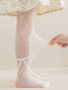 1件装女童菱形网眼薄款蝴蝶结连裤袜，防滑夏季打底裤 - 彩色 - 查看 2